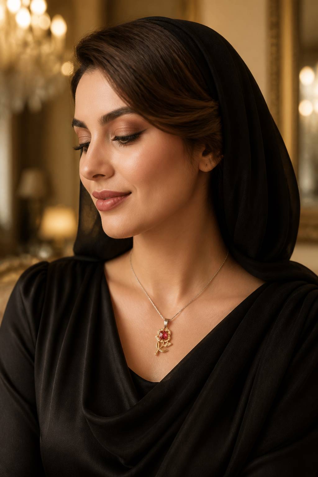 گردنبند زنانه زنجیر استیل با آویز گل نگین قرمز | ظریف و شیک - مزون یونا