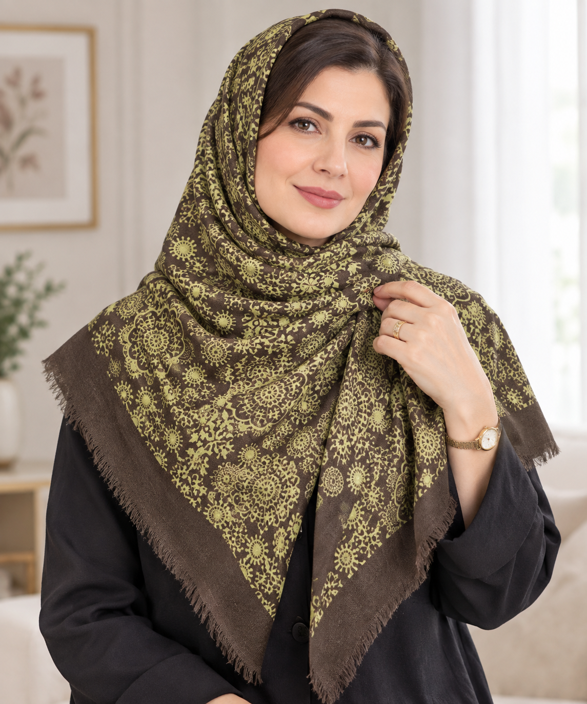 روسری نخی پاییزی ریشه پرزی قواره ۱۳۰ دو رنگ قهوه ای روشن و تیره