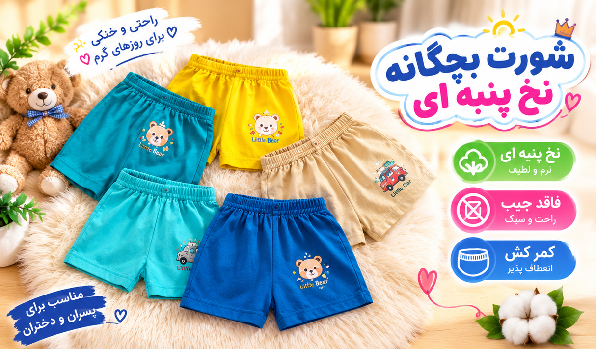 شورت پادار پسرانه/دخترانه سوپر پنبه‌ای (نخ پنبه ممتاز) مخصوص ۲ تا ۳ سال - مزون یونا